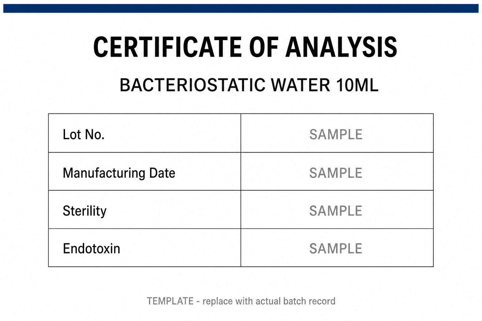 SAMPLE COA template for Bacteriostatic Water 10ML