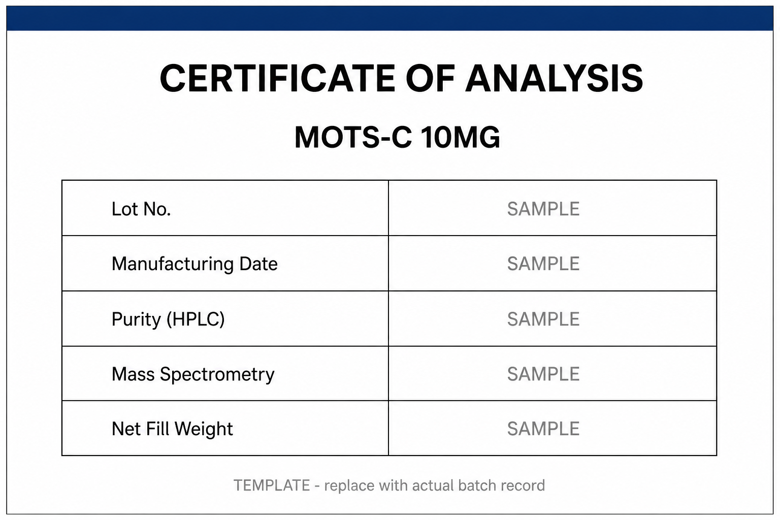 SAMPLE COA template for MOTS-c 10MG