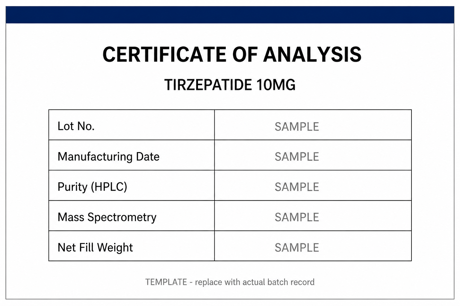 SAMPLE COA template for Tirzepatide 10MG